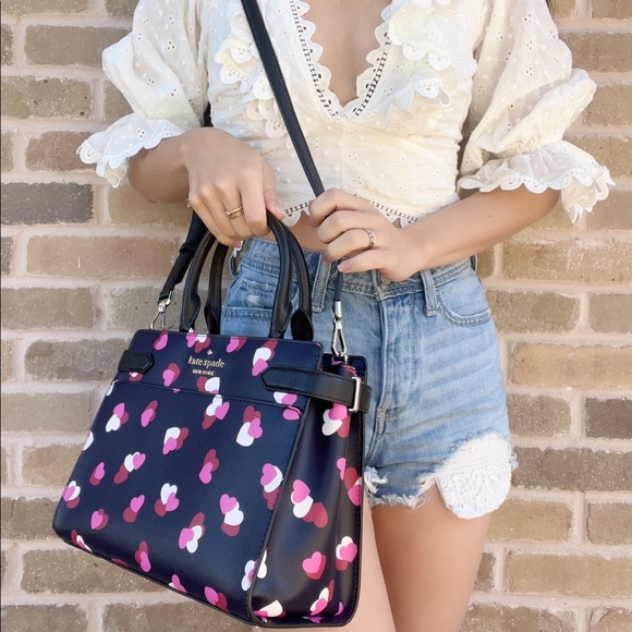 Kate Spade Staci Medium Top Zip Satchel Crossbody Flutter Hearts Black - Picture 7 of 7